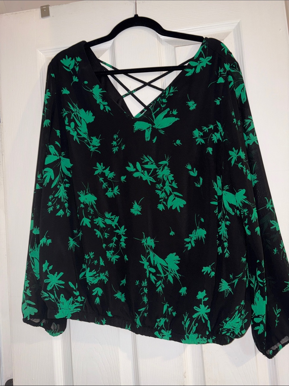 torrid Black Blouse with Green Floral Print and Crisscross Back